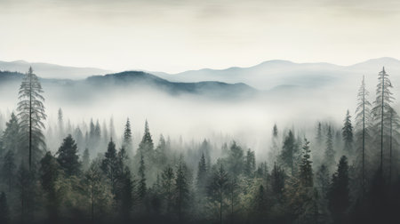 Foggy morning in the mountains with pine trees on the foregroundの素材