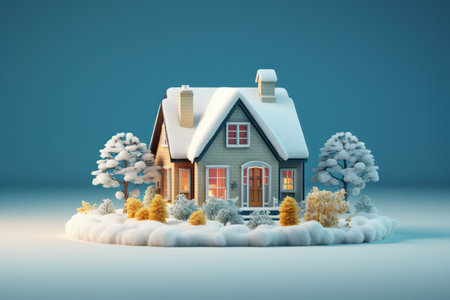 House in winter forest. 3D illustration. Copy space for your text.の素材