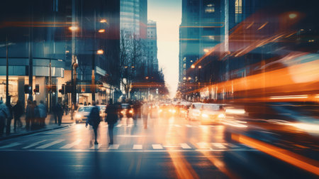 Blurred image of people walking on the street in the city at nightの素材