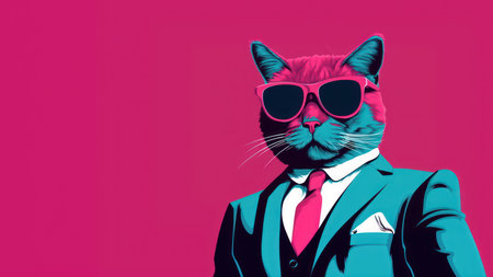 Portrait of a cat in a suit and sunglasses on a pink background.の素材