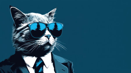 Portrait of a cat in a suit and sunglasses on a blue background.の素材