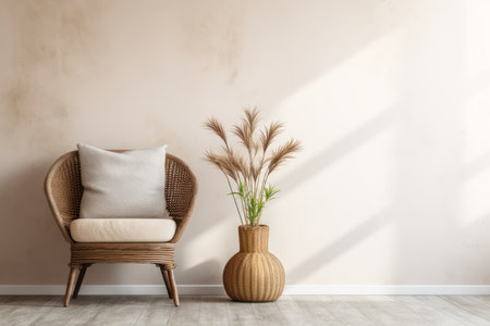 Wicker armchair and vase with pampas grass near beige wallの素材