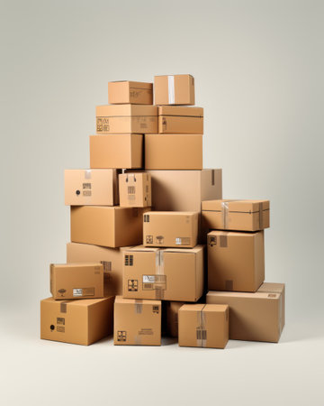 Pile of cardboard boxes on a gray background. 3d renderingの素材