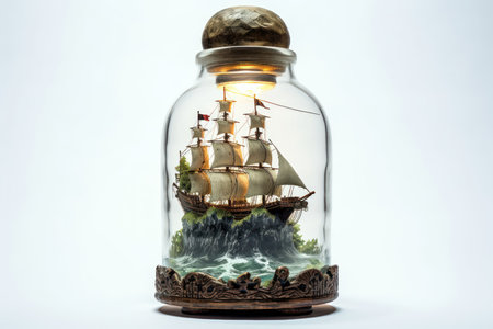 Model of a sailboat in a glass jar on a white backgroundの素材