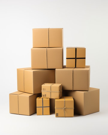 Stack of cardboard boxes on a white background. 3d rendering.の素材