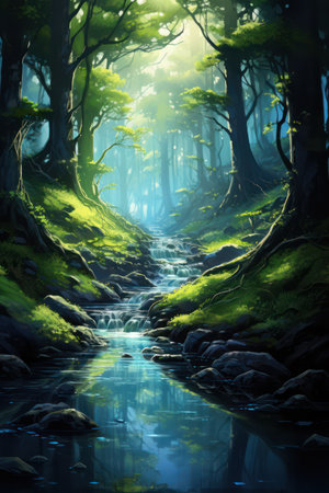 Beautiful fantasy landscape with a river and a forest in the backgroundの素材