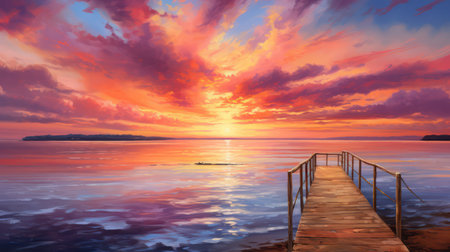 Wooden pier on the sea at sunset. Beautiful nature background.の素材