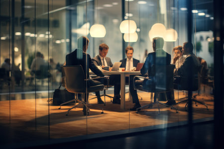 People in glass offices working in a conference room. Business meeting. Team of professionals sit behind conference table.の素材