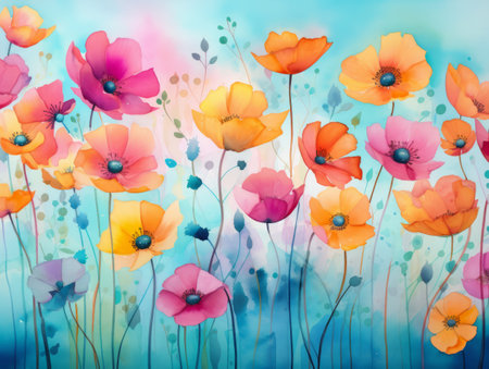 Painting with many different colored flowers.の素材