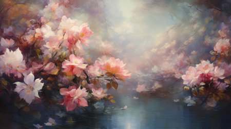 Oil painting floral background. Dreamlike atmosphere. Soft pink.の素材