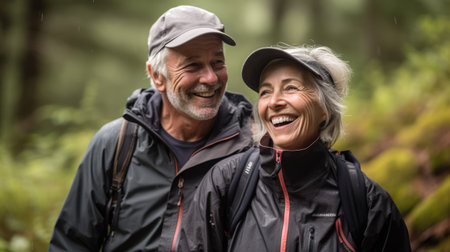 A modern elderly couple is walking in the forest. Smiling people. Joyful dynamic photo.の素材