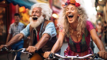 Modern senior couple riding a bikes in the town. Smiling people. Joyful dynamic photo.の素材
