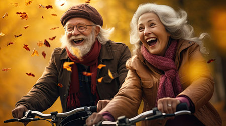 Couple of older bike riders smile. Dynamic outdoor shots. Joyful nature photo.の素材