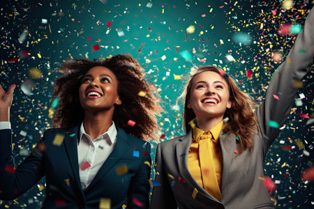 Two girls celebrating their business success. Happiness, colorful confetti.の素材