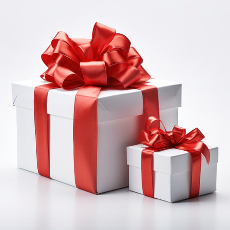 Gift box with red ribbon on white background. 3d rendering.の素材