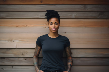 Portrait of a beautiful young african american woman with tattoos on her arms.の素材