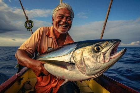 Fisherman holding big tuna fish on fishing boat in the seaの素材