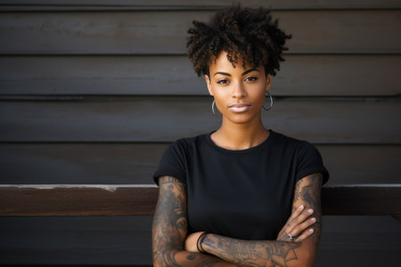 Portrait of a beautiful young african american woman with tattoos on her arms.の素材