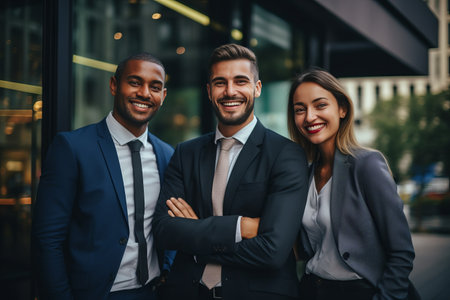 Three business people standing with each other in an office in business suit. Joyful and optimistic.の素材