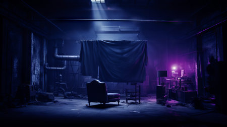 Interior of abandoned industrial building with lights and smoke. Mixed mediaの素材