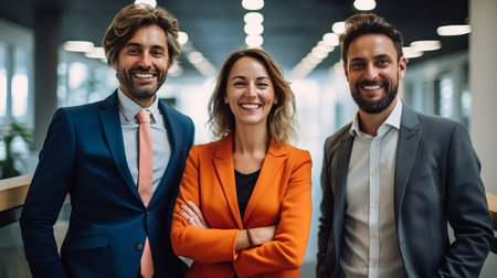 Three business people standing with each other in an office in business suit. Joyful and optimistic.の素材