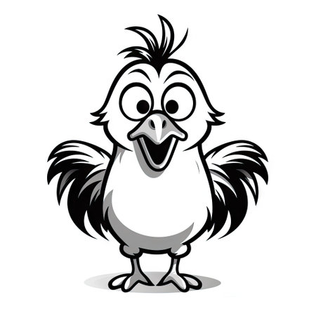 A playful black and white illustration of a happy cartoon bird with wings spread.の素材