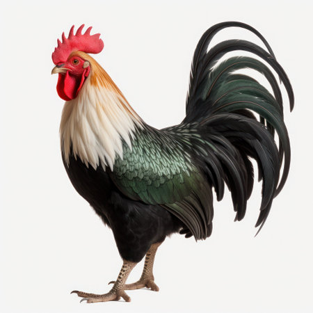 Vibrant rooster, full body, showcased against a white background.の素材