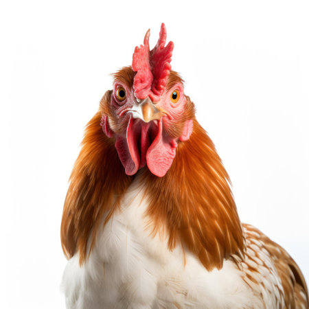 Detailed close-up of a chicken with prominent combの素材