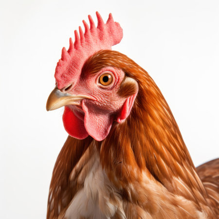 Detailed close-up of a chicken with prominent combの素材