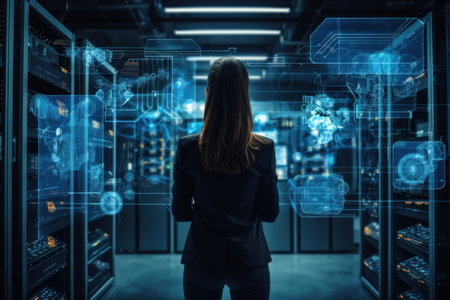 Rear view of young businesswoman in server room using digital interfaceの素材
