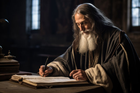 Senior man with long white beard writing in a notebook while sitting in a dark roomの素材
