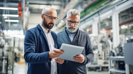 Engineer and businessman working on tablet computer in modern factory. They are discussing something and smiling. Industrial and technology conceptの素材