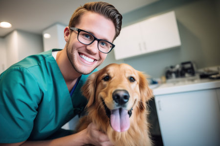 Portrait of smiling veterinarian with golden retriever in vet's officeの素材