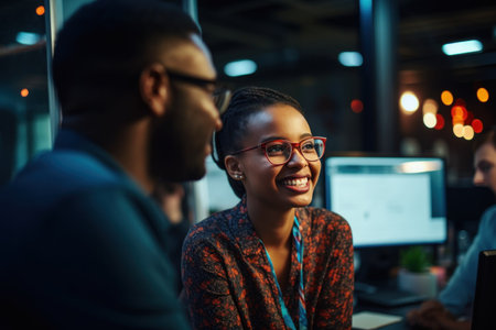 Group of young business people working together in creative office. African-american businessman and caucasian businesswoman working together on project at night.の素材