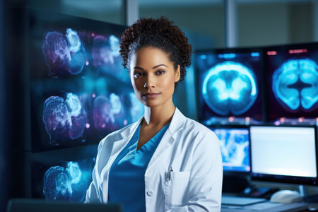 Portrait of confident african american female doctor looking at camera while standing in modern hospital with x-ray images. Medicine and healthcare conceptの素材