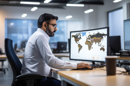 Side view of young businessman using computer at office desk with world mapの素材