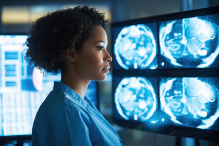 Side view of female surgeon looking at x-ray images in clinicの素材