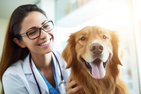 Portrait of a smiling female veterinarian with her golden retriever dogの素材