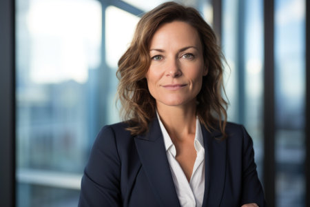 Portrait of mature businesswoman with arms crossed looking at camera in officeの素材