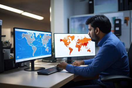 Portrait of businessman working on desktop computer in dark office. Global business conceptの素材