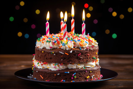 Birthday cake with lit candles in a festive atmosphereの素材