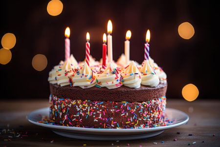 Birthday cake with lit candles in a festive atmosphereの素材