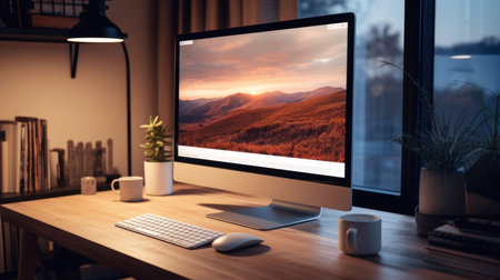 Cozy workspace with computer displaying autumn landscapeの素材