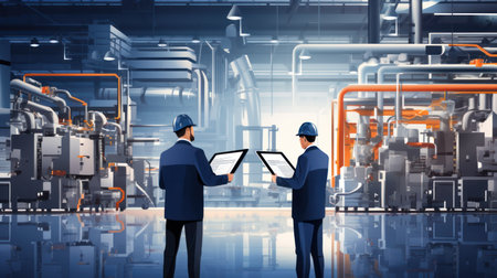 Engineers reviewing plans in modern industrial plantの素材