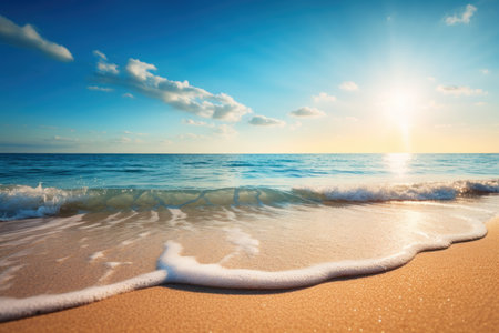 Sunny beach with gentle waves under a clear blue skyの素材