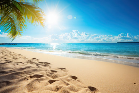 Sunny beach with clear blue waters and palm treeの素材
