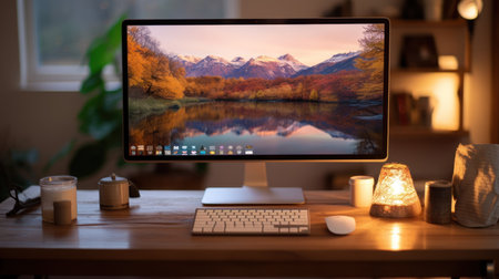 Cozy workspace with computer displaying autumn landscapeの素材
