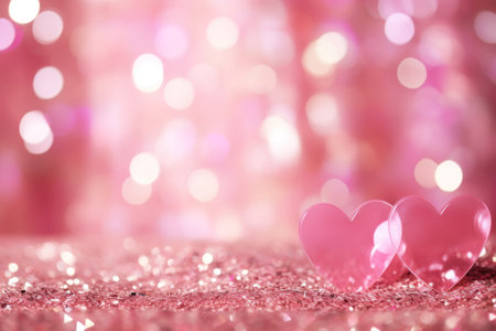 Translucent pink hearts on glittery surface with bokeh backgroundの素材