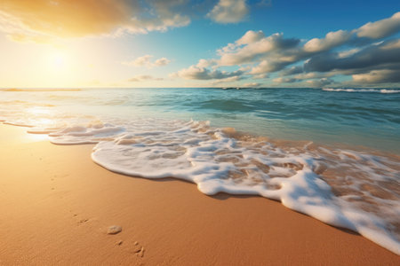 Sunny beach with gentle waves under a clear blue skyの素材