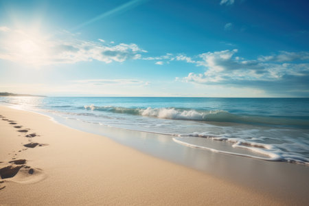 Sunny beach with gentle waves under a clear blue skyの素材